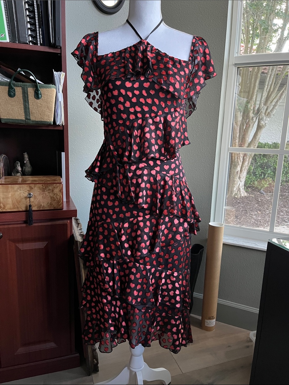 Alice + Olivia Black Dress with Red Heart Print and Ruffle Tiers